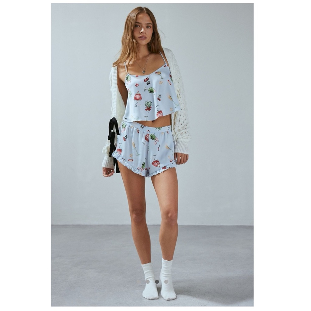 UO Out From Under Holiday Party Print Satin Baby Blue PJ Set